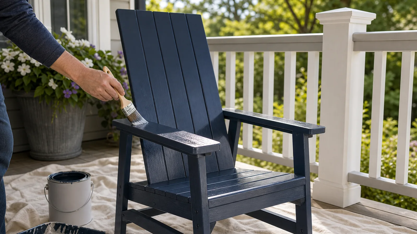 Painted outdoor chairs and table on a patio after a furniture refresh