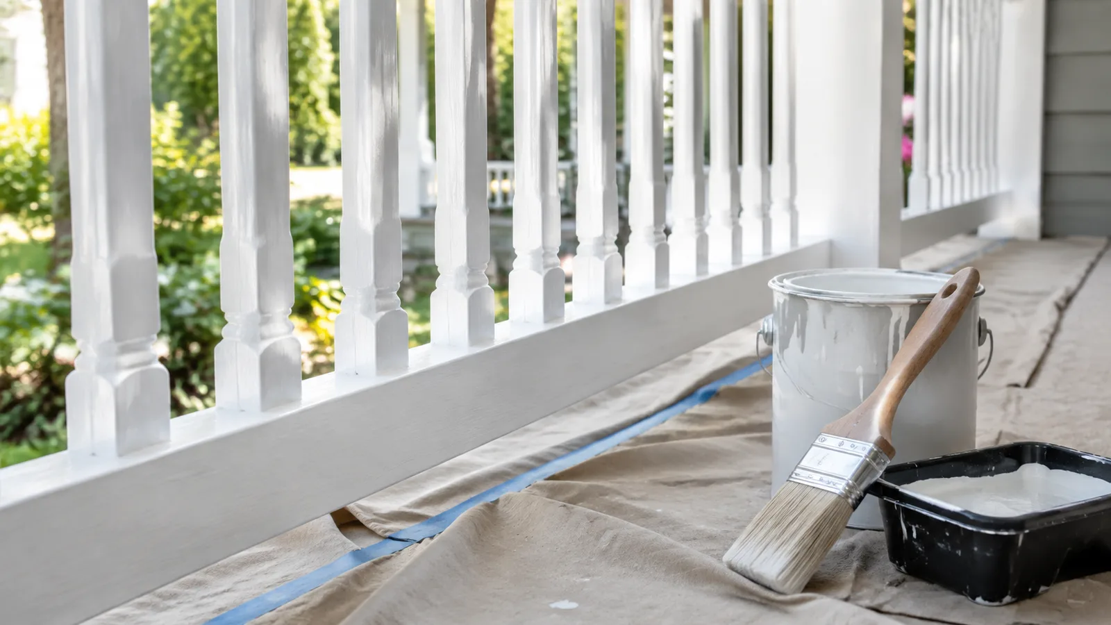 AI-generated illustration: A white wooden porch railing with clean newly painted balusters, protected decking beneath and an unbranded angled brush at rest.