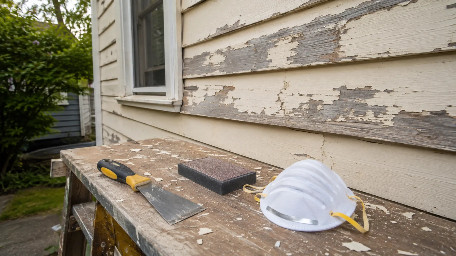 AI-generated illustration: Exterior preparation tools on a safe ground-level workbench beside peeling siding: scraper, sanding block and dust mask, no person or test claims.