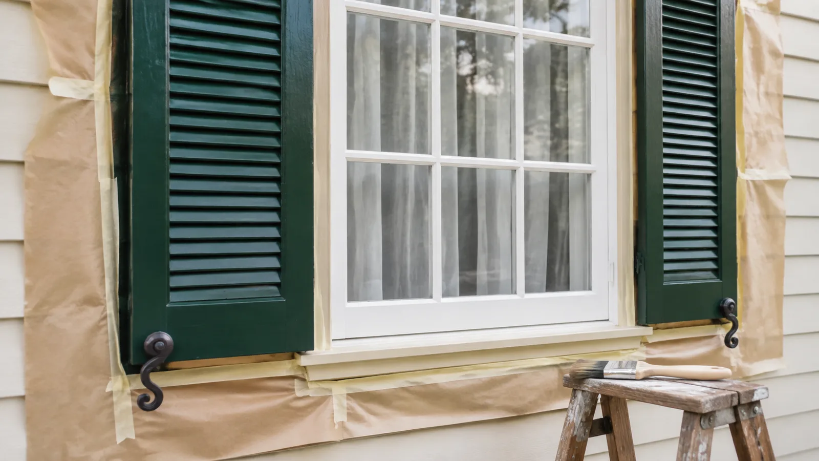 AI-generated illustration: Traditional dark green shutters mounted beside a cream exterior window, surrounding wall protected by masking paper, unbranded brush resting nearby.