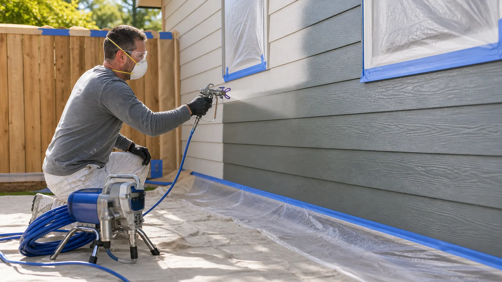 Airless paint sprayer setup aimed at horizontal house siding boards for an exterior repaint