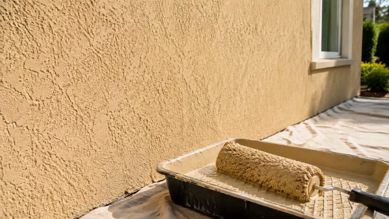 AI-generated illustration: Close textured exterior stucco wall in warm sand, even finish and an unbranded thick roller resting in a tray, side daylight.