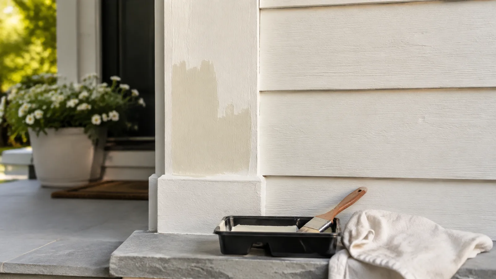 AI-generated illustration: Close view of a porch corner with an exterior paint touch-up area blending into cream siding, small paint tray and cloth below.