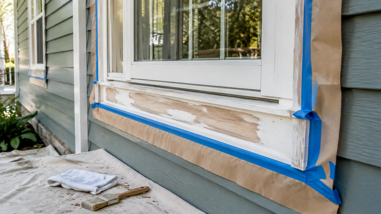 AI-generated illustration: Exterior window trim prepared for repaint: sound bare wood patches, surrounding siding masked carefully, brush and cloth on ground, no workers.