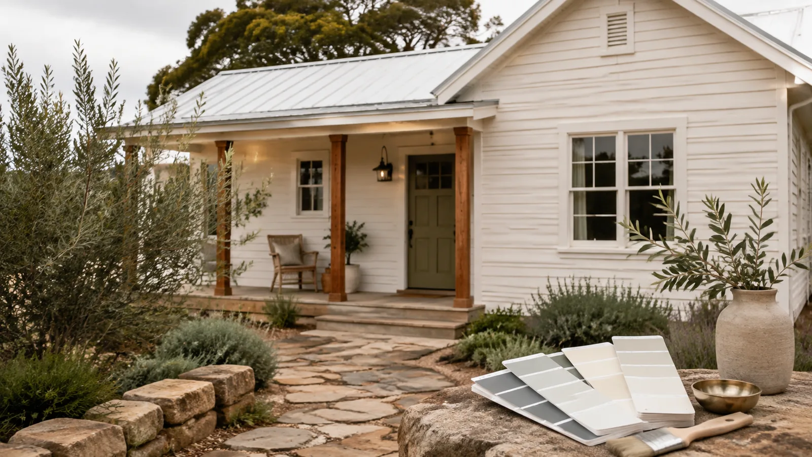 AI-generated illustration: A small white-painted cottage exterior in warm creamy white, timber porch posts, stone path and olive front door on an overcast day.