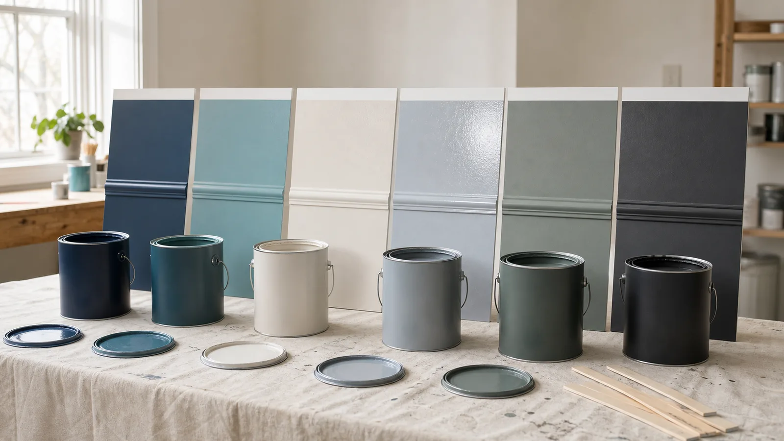 Multiple interior paint cans lined up for a coverage and finish comparison