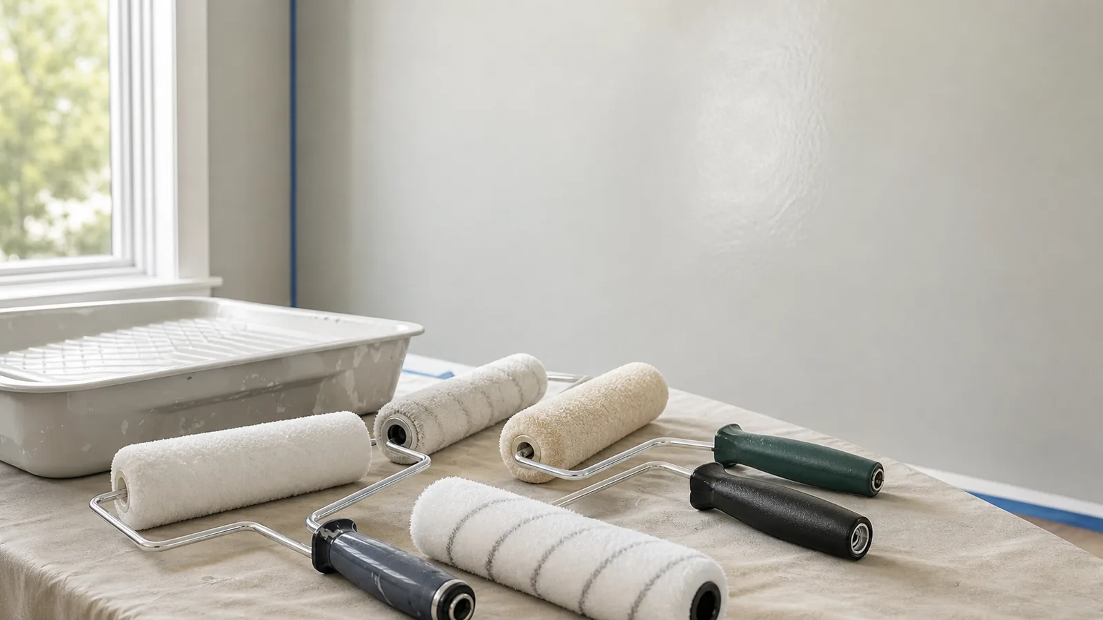 Several paint roller frames and woven covers staged beside a tray and a freshly painted smooth wall