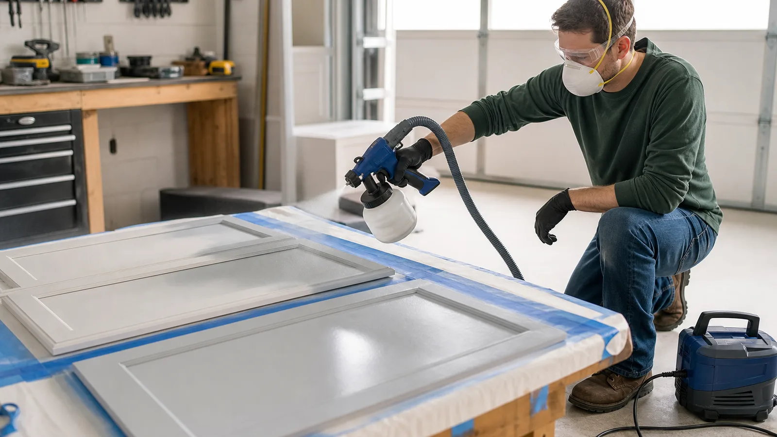 DIY painter spraying cabinet doors in a bright garage workshop with a budget paint sprayer test setup