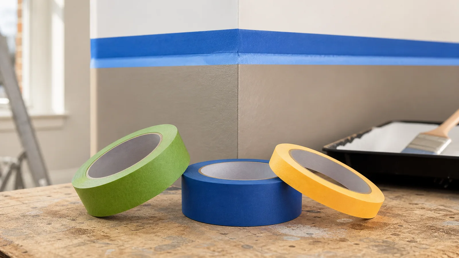 Green, blue, and yellow painter's tape rolls on a workbench beside a freshly masked interior wall corner
