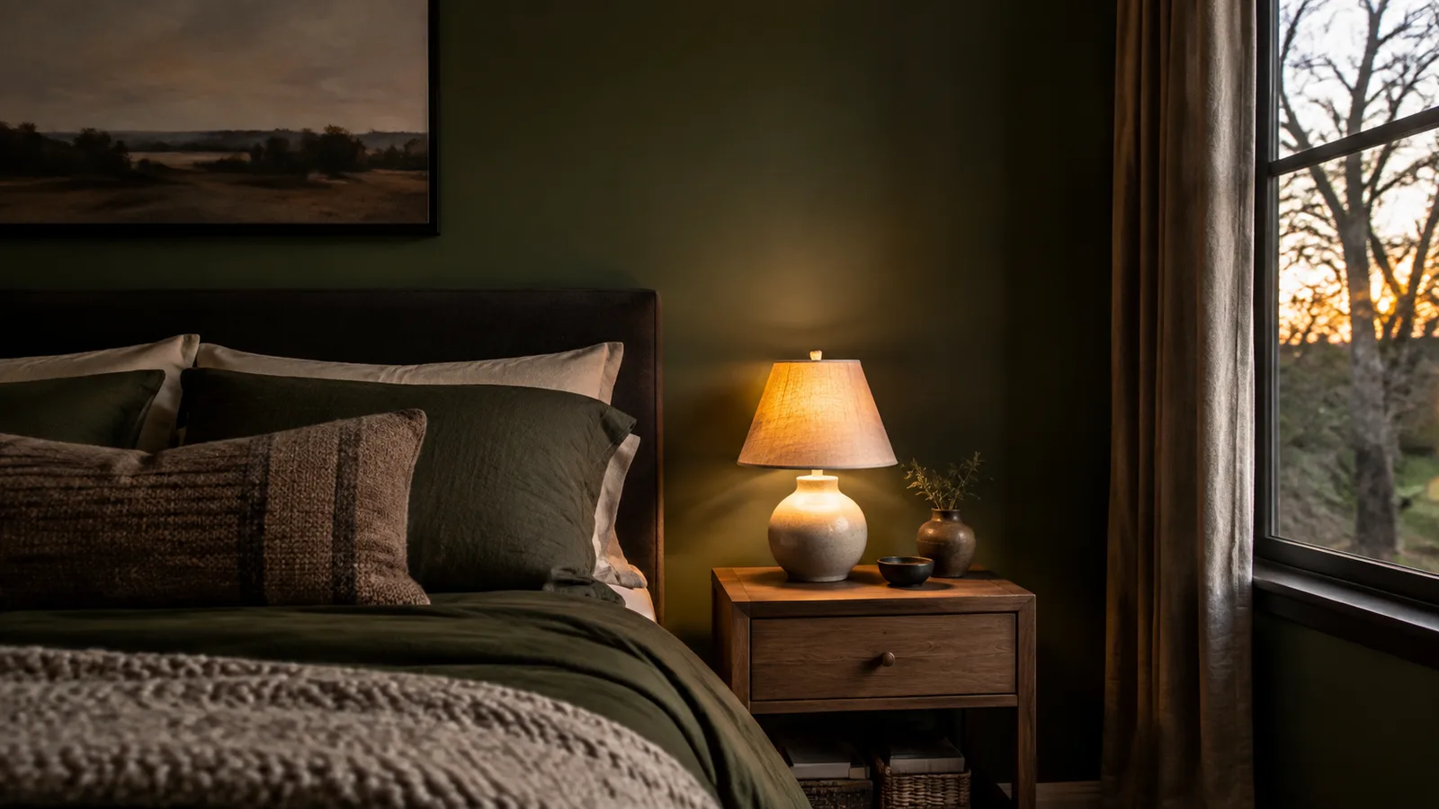 AI-generated illustration: Moody olive bedroom with a small ceramic bedside lamp casting a warm pool on a nightstand, off-center bed detail at dusk.