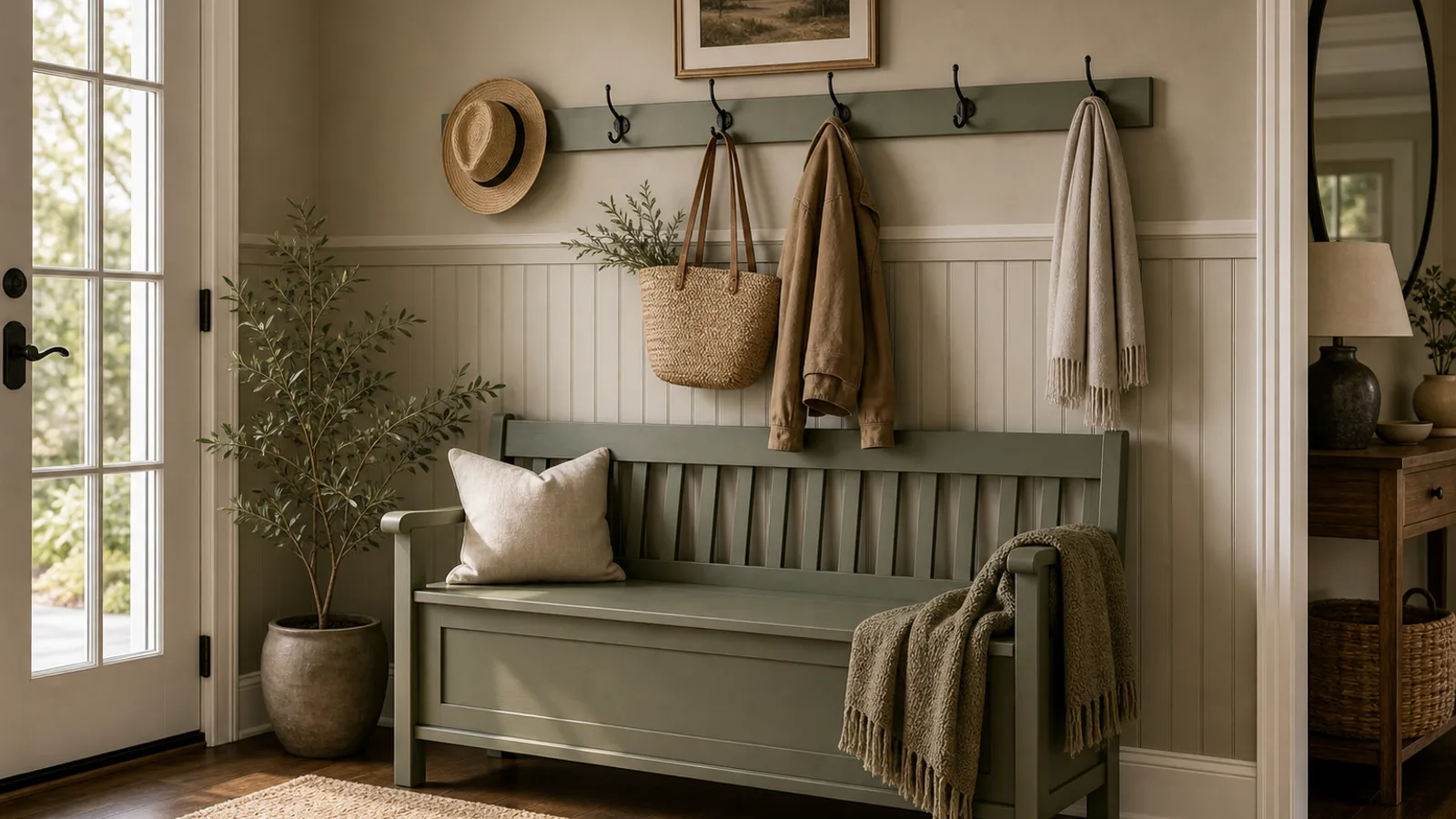 Entryway bench under painted walls with hooks, baskets, and warm wood flooring