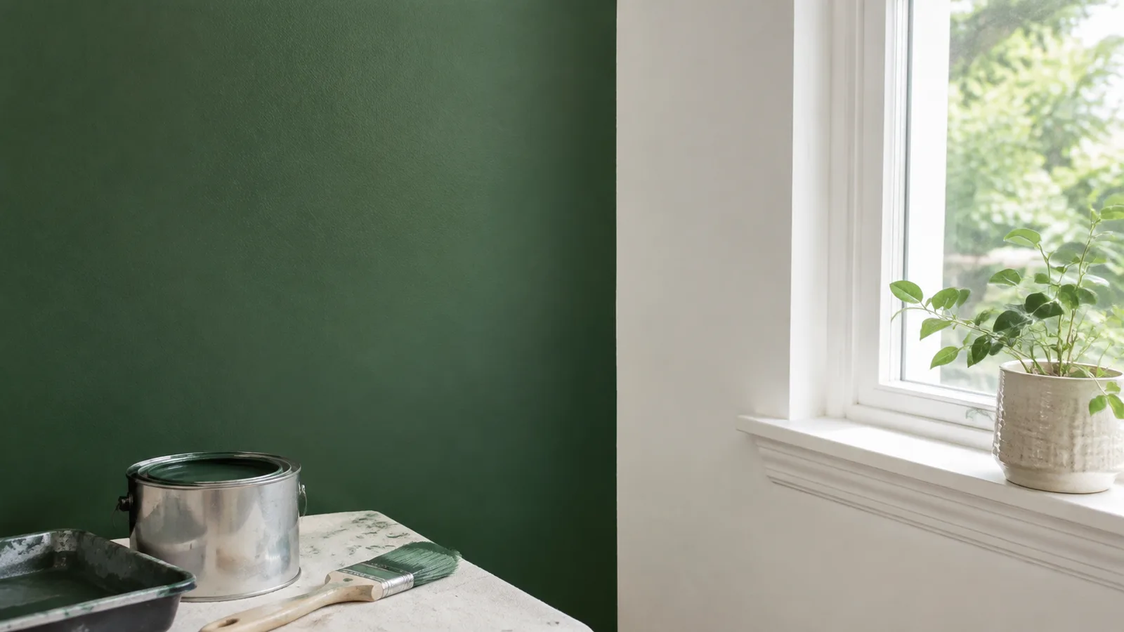 AI-generated illustration: Close detail of a crisp deep-green accent wall meeting an off-white return wall, straight clean paint edge near a window with no tape remaining.