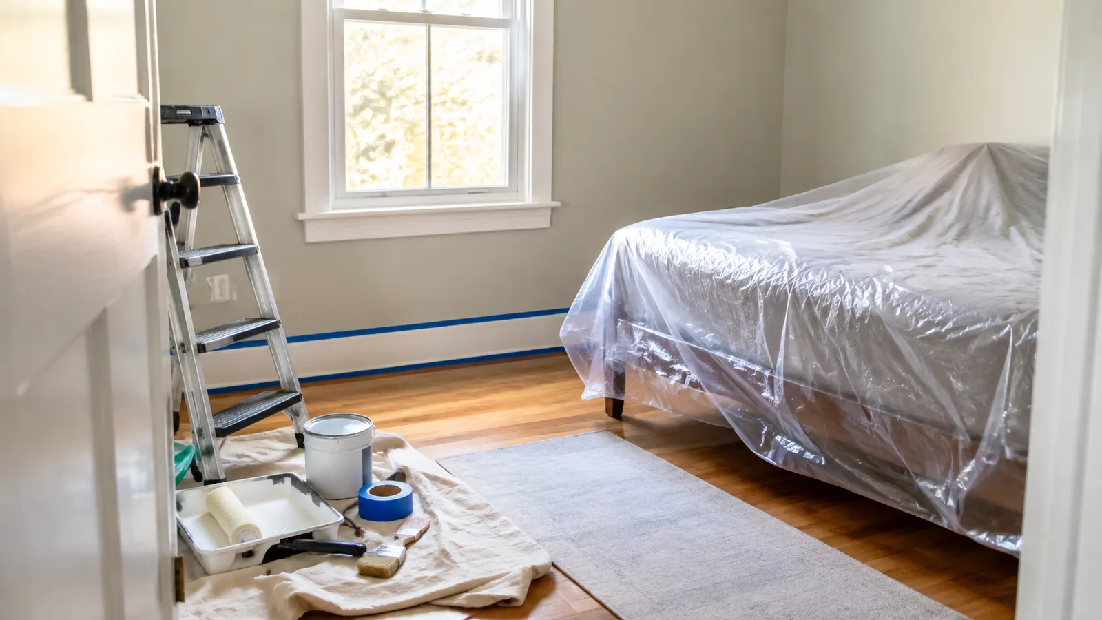 AI-generated illustration: Small bedroom cleared for painting with bed wrapped in dust sheet, paint tools grouped near door, pale walls and warm daylight.