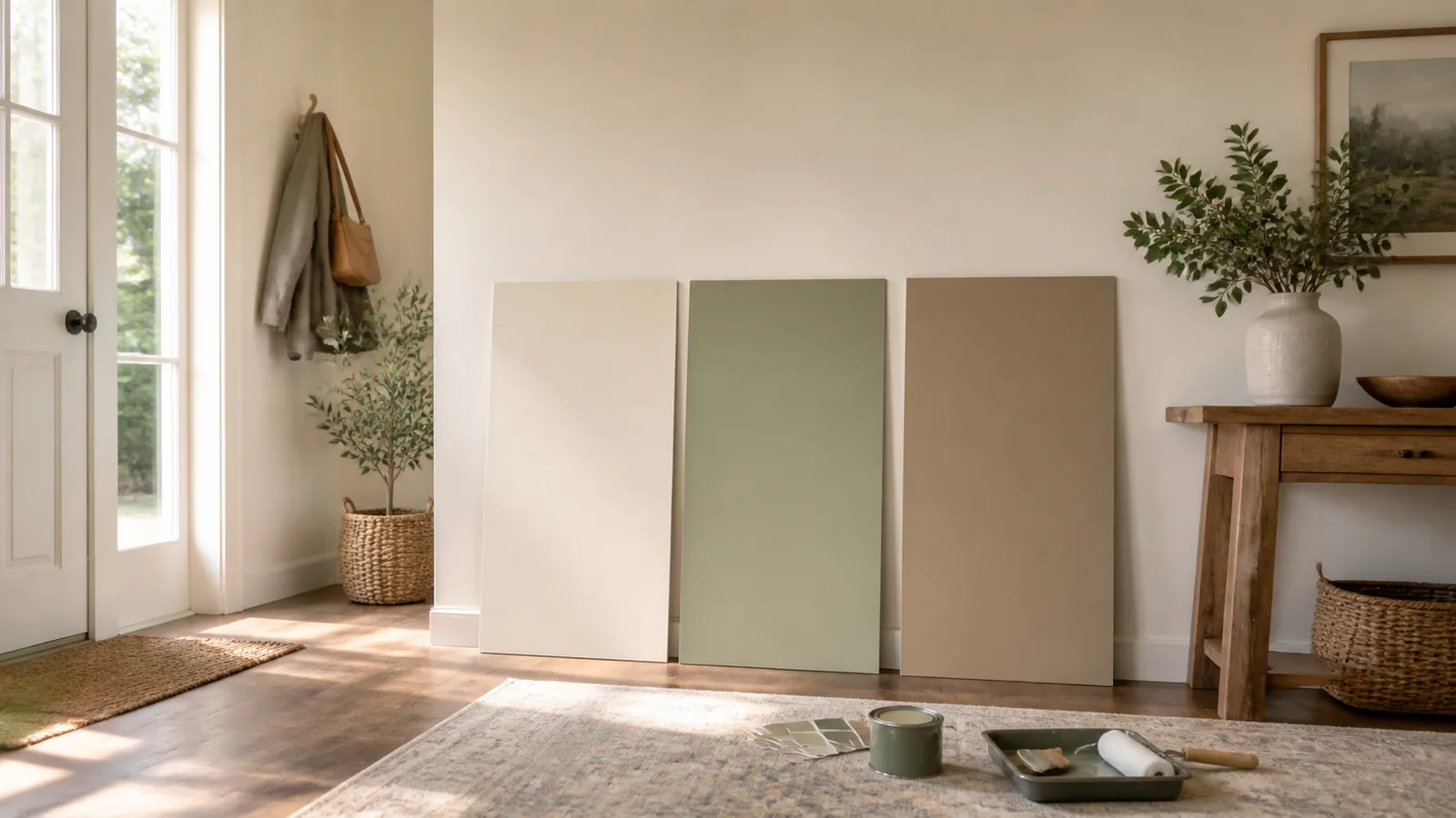 AI-generated illustration: Light-filled home entry with three different adjacent color sample boards: warm white, subdued green and soft brown, restrained furnishings.