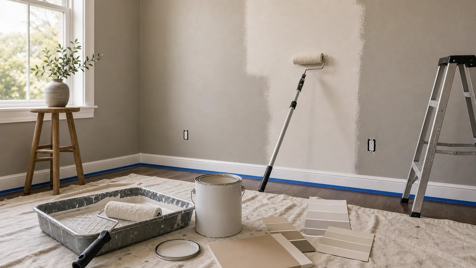 Warm beige room repaint plan with roller, paint can, and lighter sample swatches