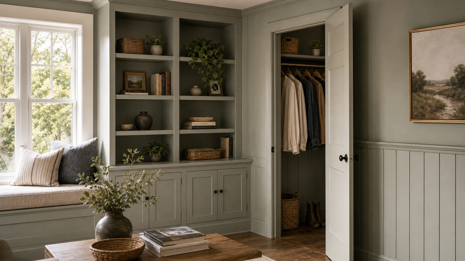 Painted built-in shelves with crisp shelf edges and trim brush ready for detail work