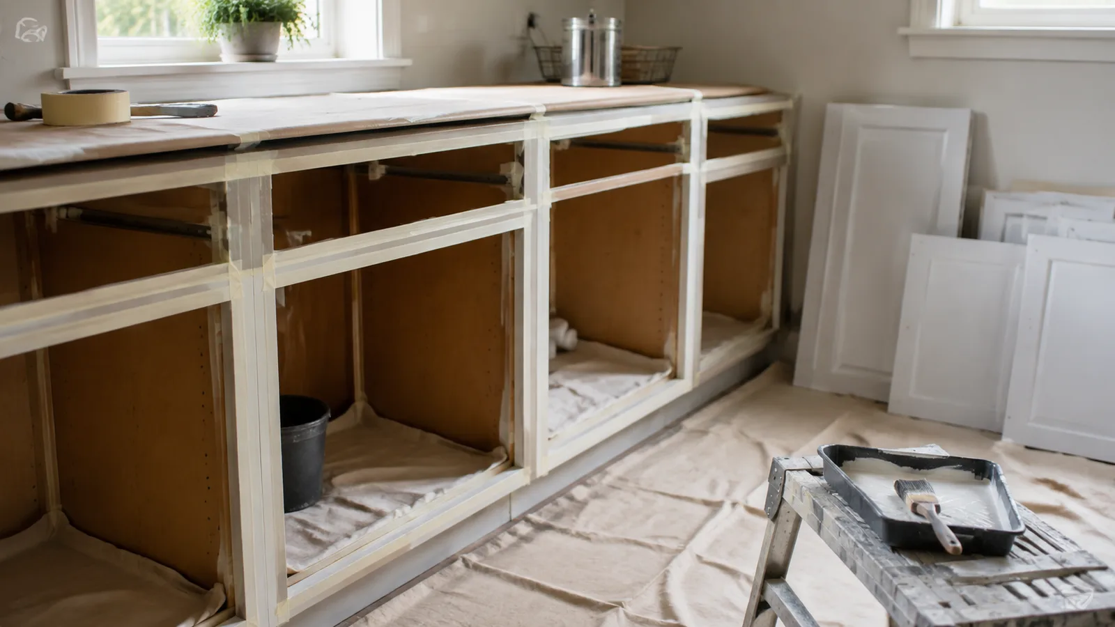 AI-generated illustration: Kitchen cabinet frames exposed with doors removed and stored nearby, frame surfaces masked and ready for careful brushwork.