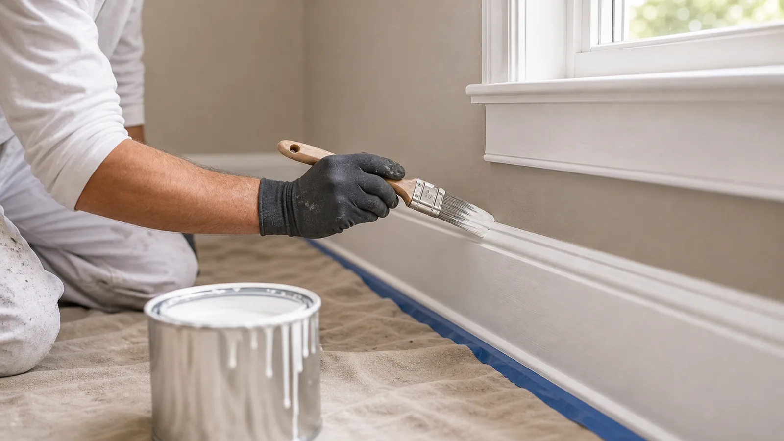 Trim brush and shield protecting carpet while painting baseboards