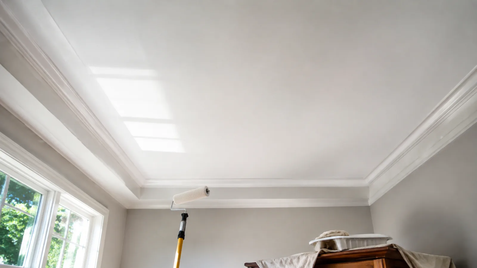 AI-generated illustration: Upward view of a smooth freshly painted white ceiling with grazing window light, clean roller and extension pole resting below.