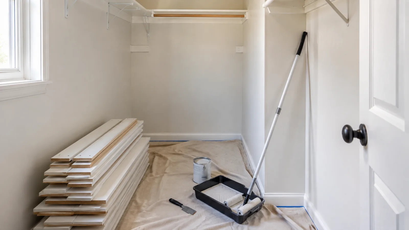 AI-generated illustration: A small walk-in closet with pale painted walls, shelves removed and neatly stacked, floor cloth and narrow roller kit.