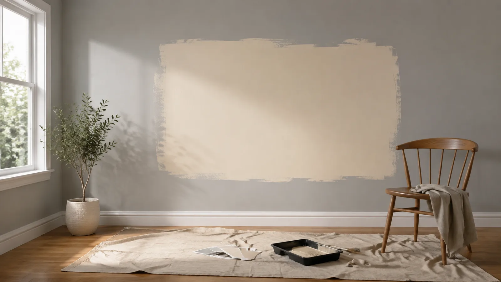 AI-generated illustration: Warm oatmeal sample painted on a cool gray interior wall, oak floor and a plain chair nearby, visibly different undertones with natural light.