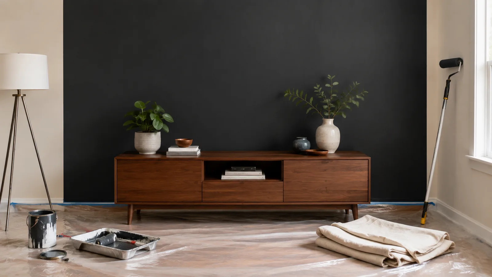 AI-generated illustration: A charcoal accent wall behind a walnut media console, surrounding cream walls, protected oak floor and a folded painting cloth.