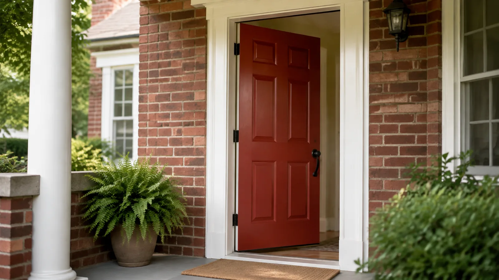 AI-generated illustration: An installed brick-red front door standing slightly open in its original white frame on a modest covered porch, freshly painted smooth finish, clean hinges and hardware, empty doorstep, daylight