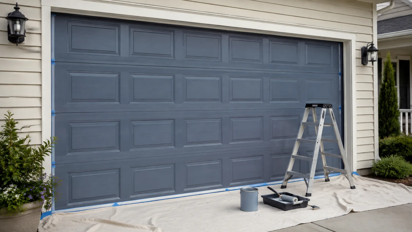 AI-generated illustration: A suburban sectional garage door in muted slate blue, driveway protected at base, surrounding cream siding, no cars or people.