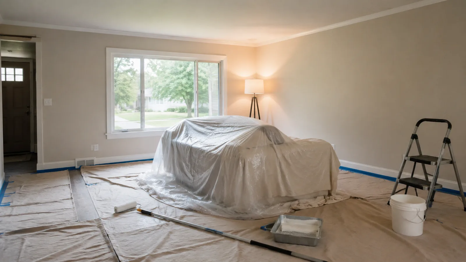 AI-generated illustration: Wide view of a modest empty living room ready for painting, furniture covered in center, floor protected, roller on an extension pole lying safely.