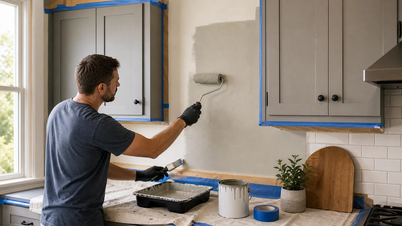 Kitchen wall repaint around upper and lower cabinets with protected cabinet faces