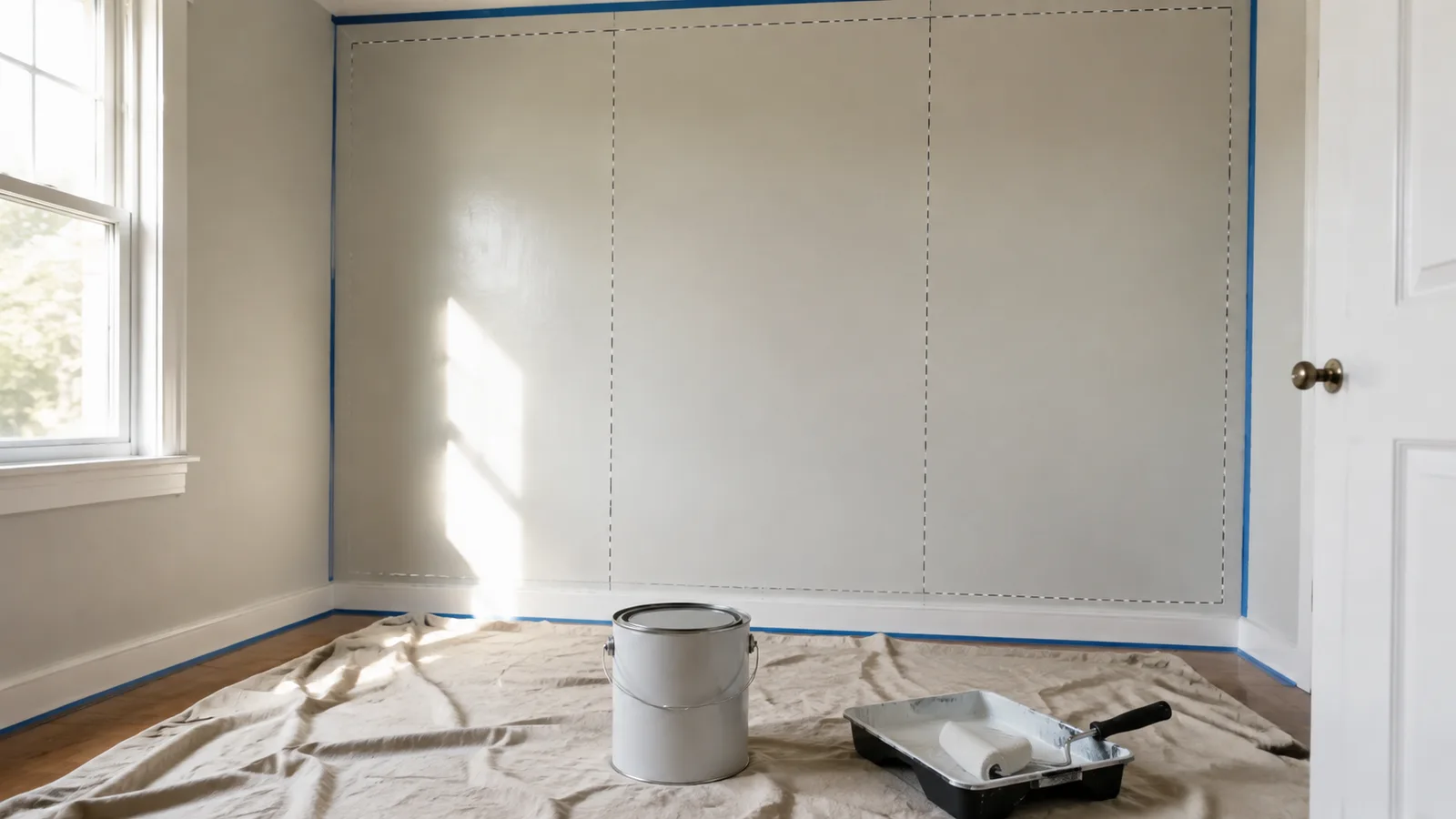 AI-generated illustration: A very small room with measured-looking blank wall areas, one unbranded gallon paint can closed on a drop cloth and a compact roller.