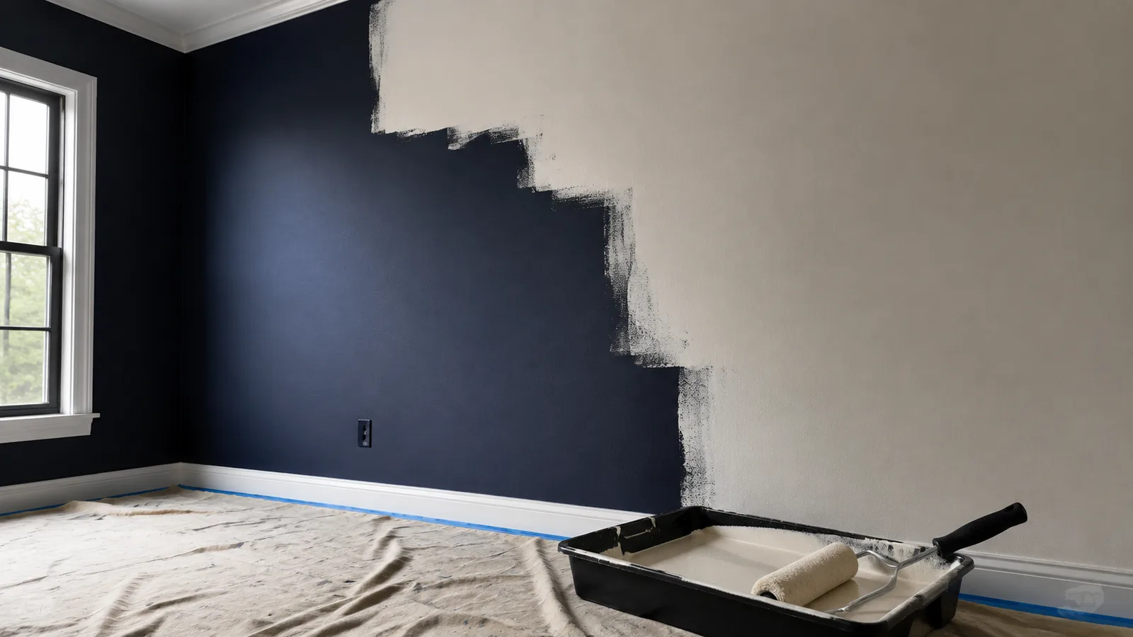 AI-generated illustration: A dark navy wall partly covered by an opaque neutral primer coat, protected floor, clean roller tray and unbranded roller at rest