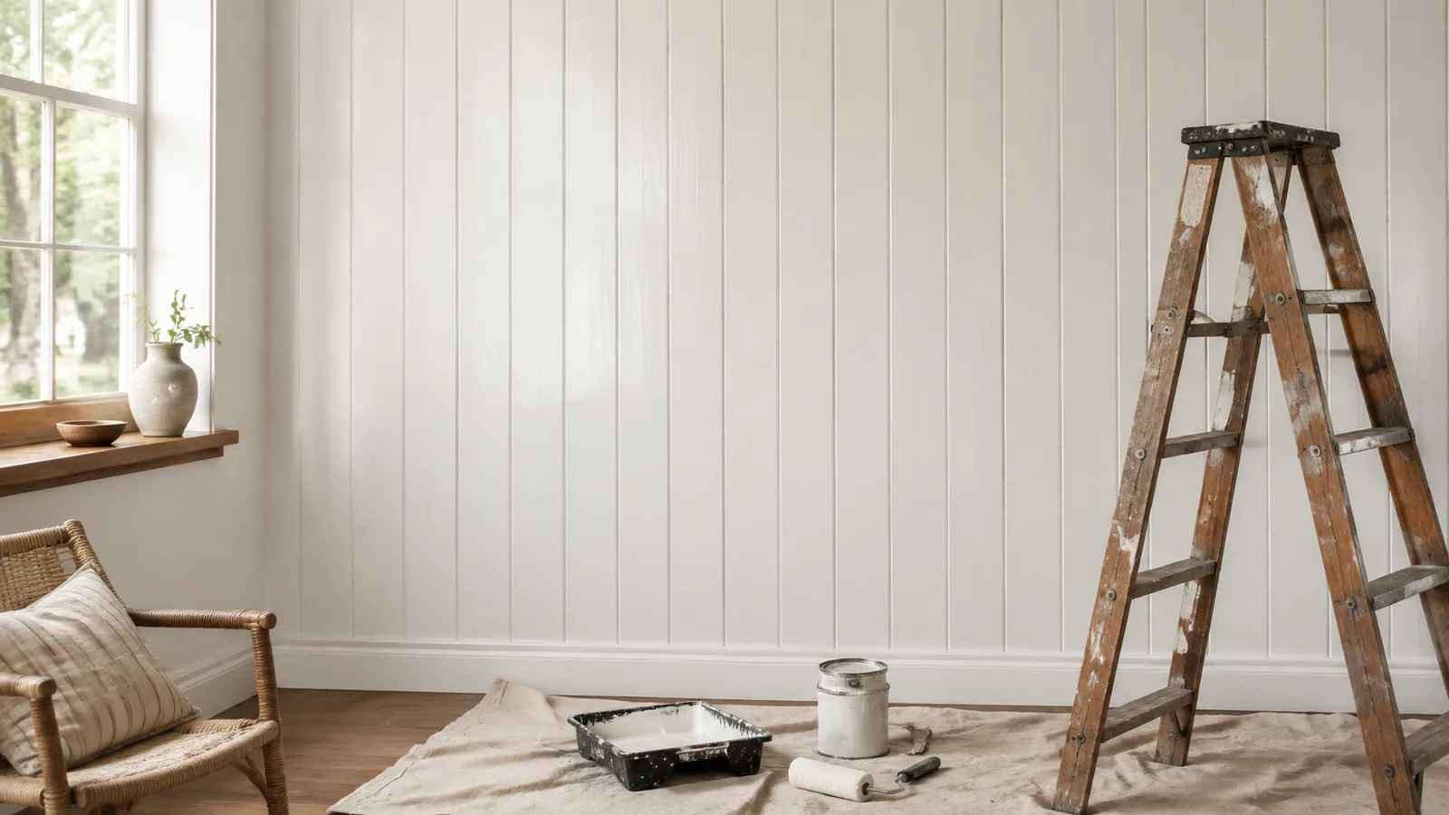 AI-generated illustration: Wood-paneled room painted creamy white with vertical grooves still visible, one natural-wood window sill and simple woven chair.