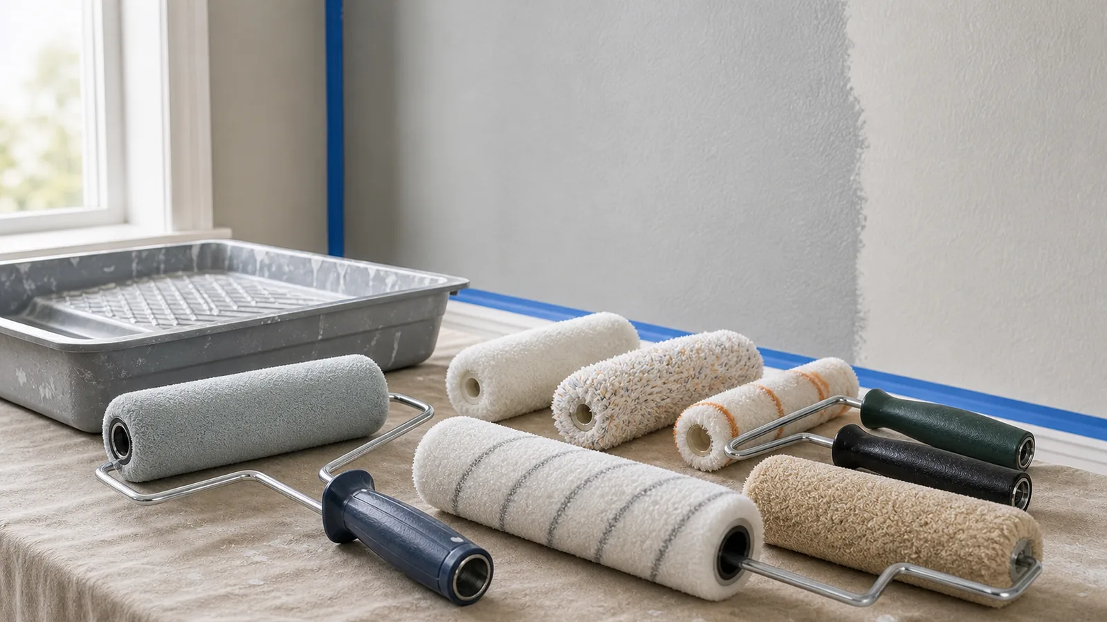 Roller covers with different nap thicknesses lined up for smooth, medium, and textured walls