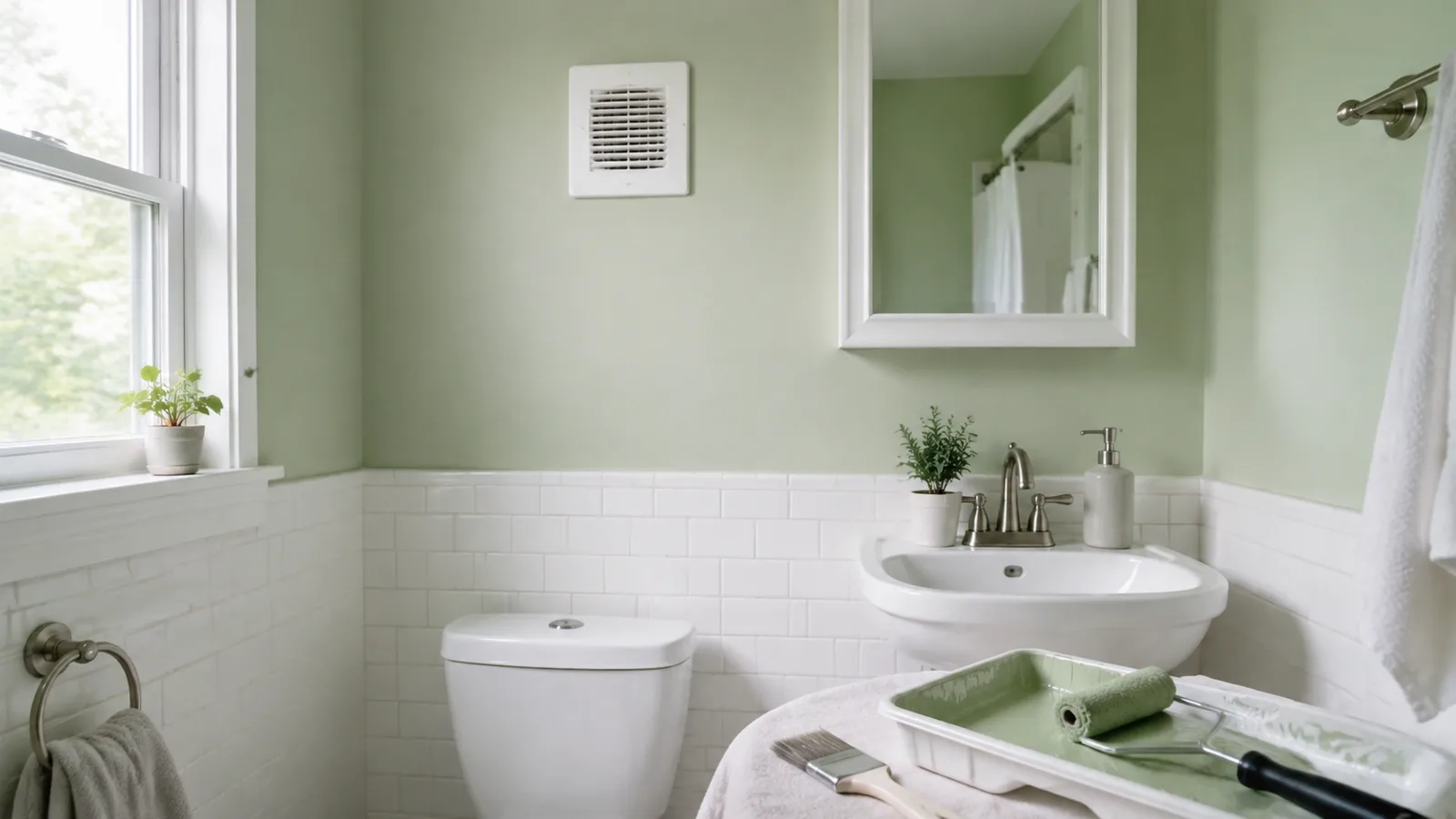 AI-generated illustration: A compact bathroom with pale green walls, white tile splash zones, visible exhaust vent, uncluttered sink and natural light.