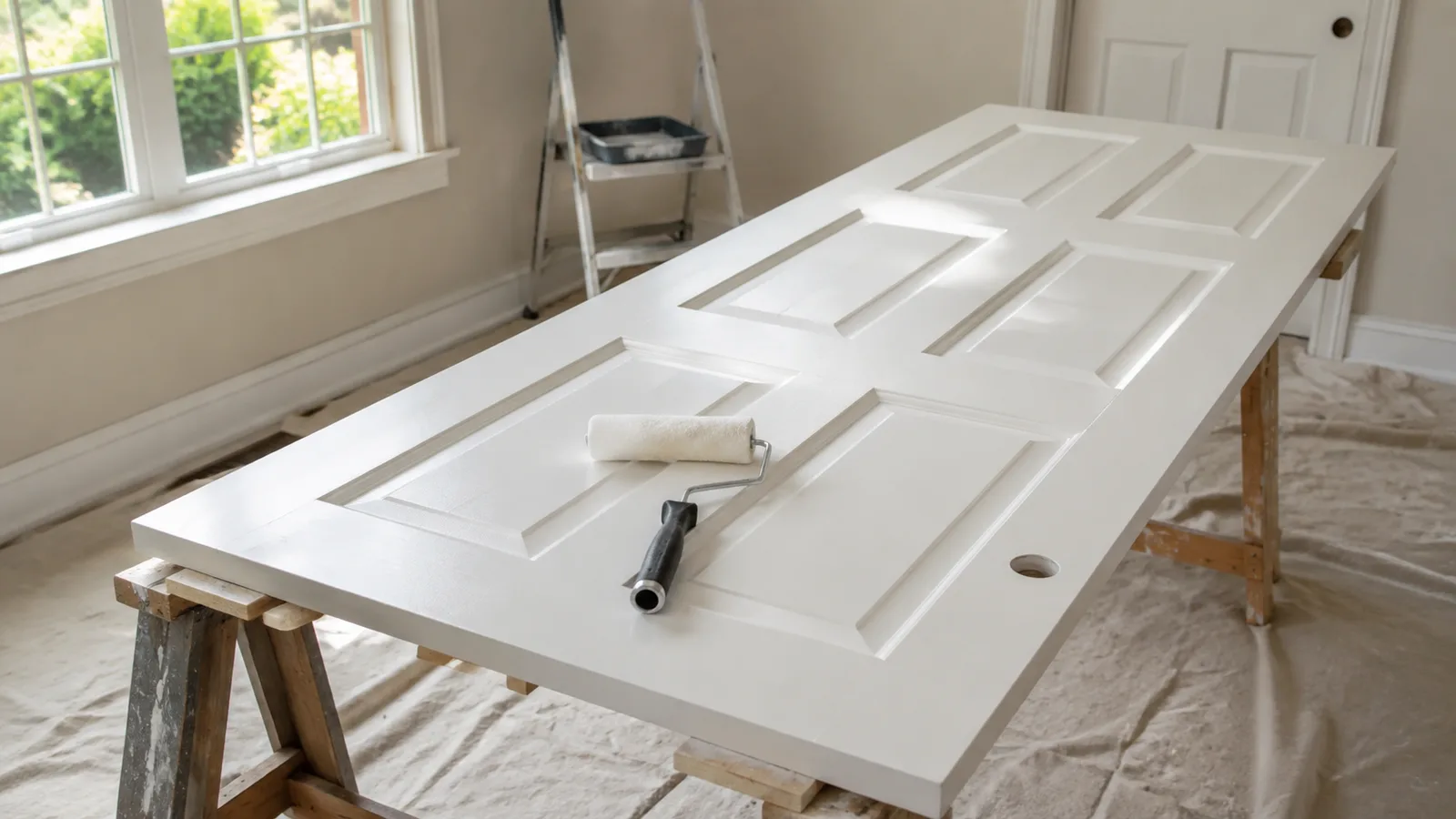 AI-generated illustration: A smooth painted interior door lying flat on sturdy low supports in a protected room, fine-finish generic roller at rest.