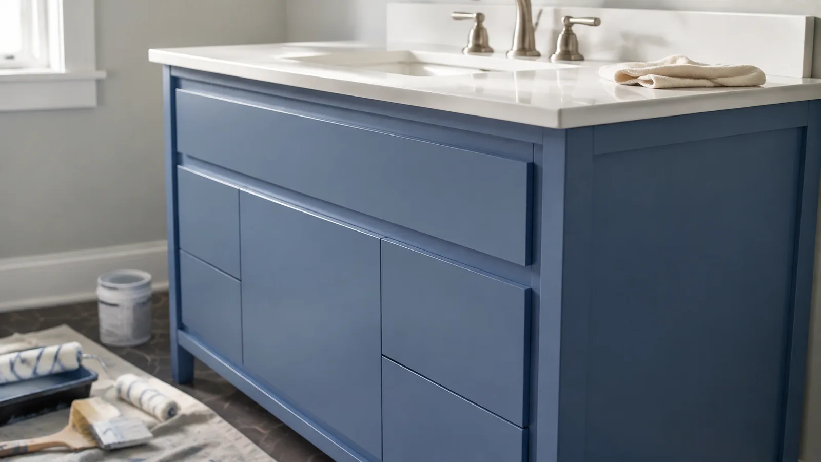 AI-generated illustration: A bathroom vanity painted muted blue with a smooth satin finish, porcelain basin and plain drawer fronts, close diagonal view.