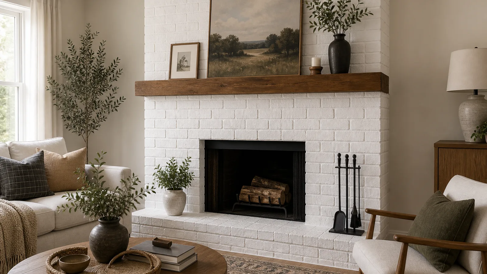 White-painted brick fireplace makeover with masonry texture and bright cleaned finish