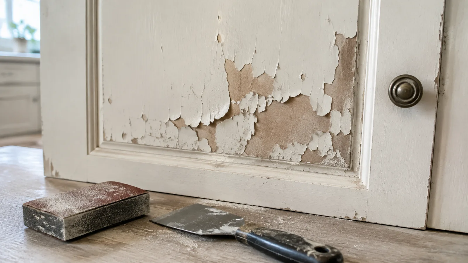 AI-generated illustration: Close-up peeling paint on one old cabinet door beside a sanding block and scraper, isolated damaged patch, no before-after split.
