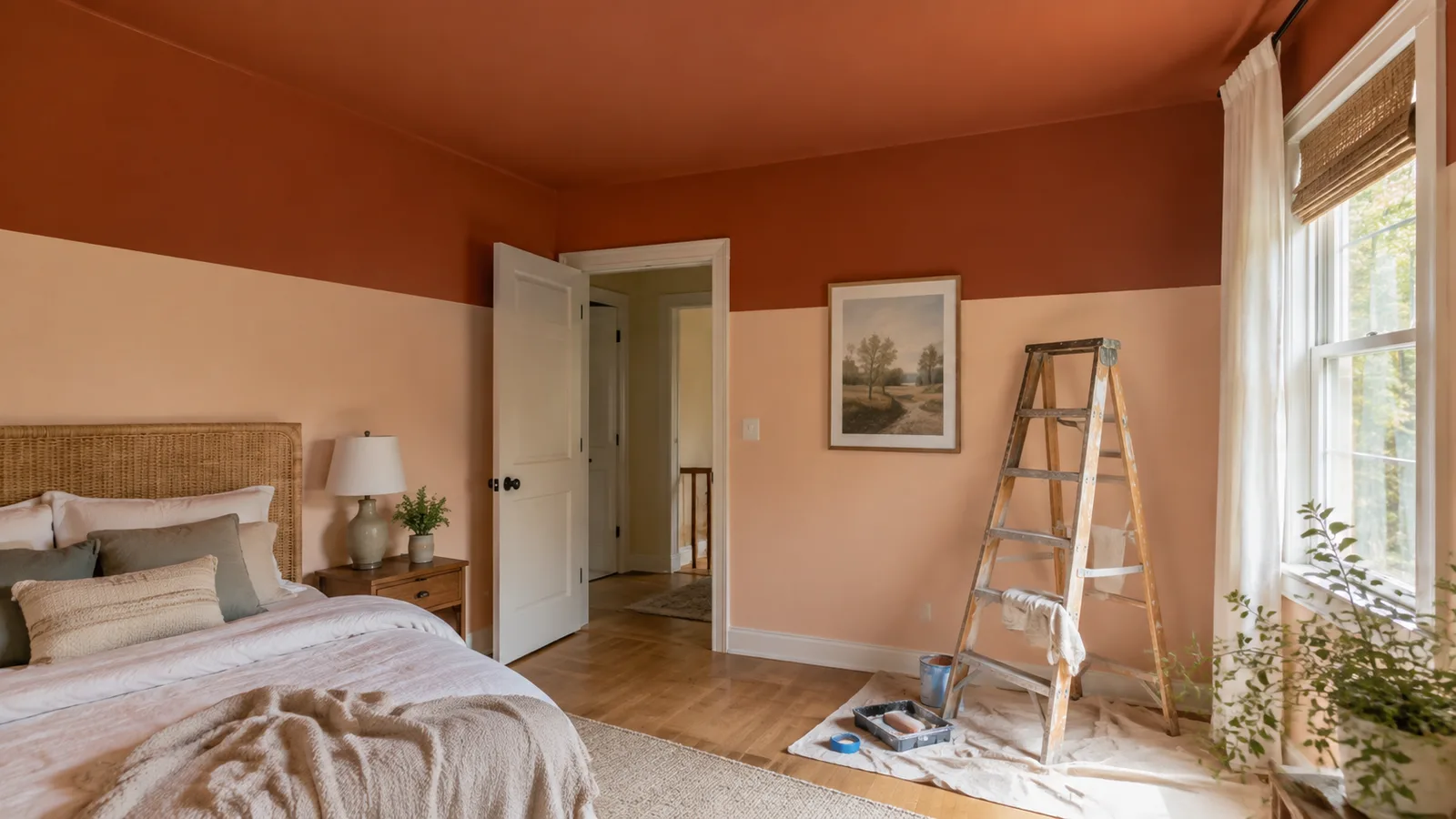AI-generated illustration: A bedroom with pale peach lower walls and a terracotta ceiling color wrapping only the upper portion of all walls, clear horizontal paint boundary.