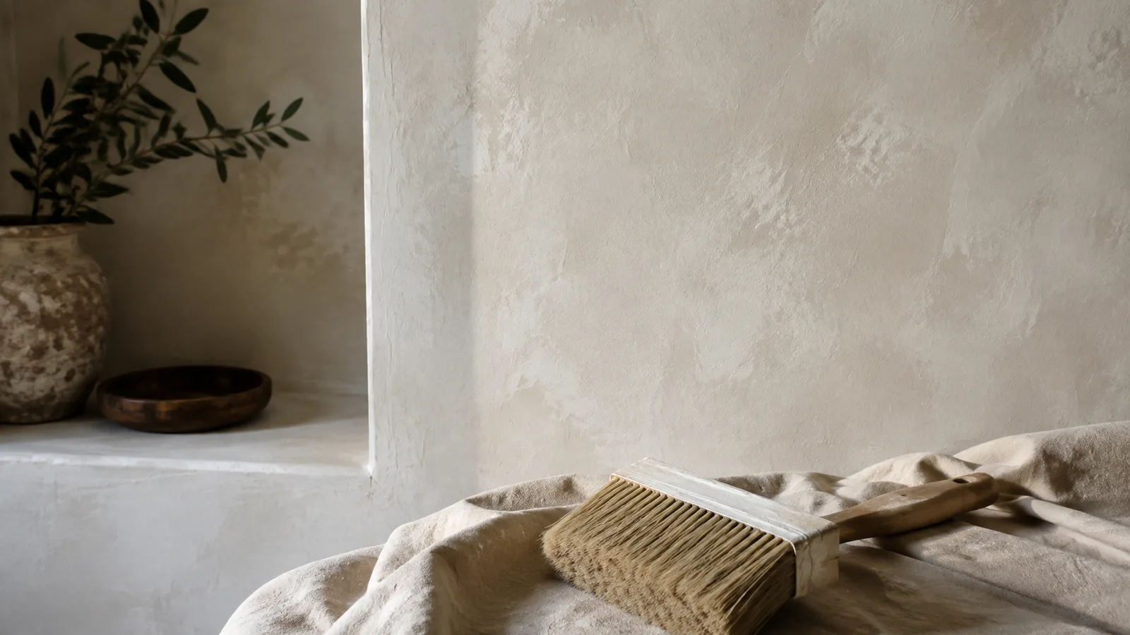 AI-generated illustration: Textured pale limestone limewash wall with gentle broad cross-brush variation, large unbranded masonry brush resting on a canvas cloth, quiet plastered alcove.