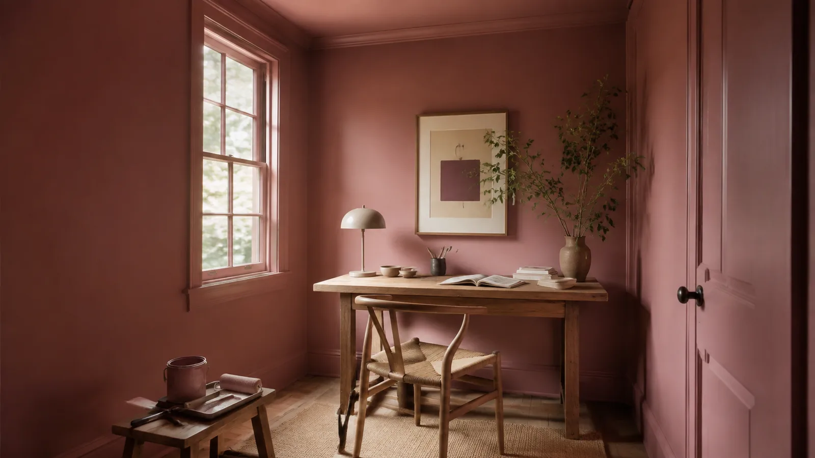 AI-generated illustration: A narrow study with ceiling walls baseboards and door all muted dusty rose, natural wood desk, one tall window and restrained furnishing.
