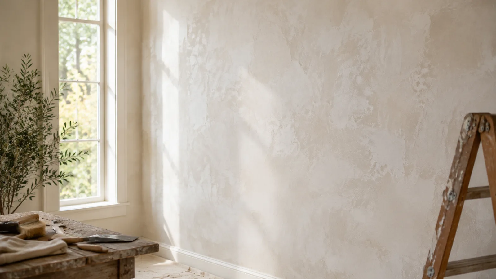 AI-generated illustration: Oblique close-up of a softly clouded warm-white limewashed wall catching side light from a tall narrow window, no product containers.