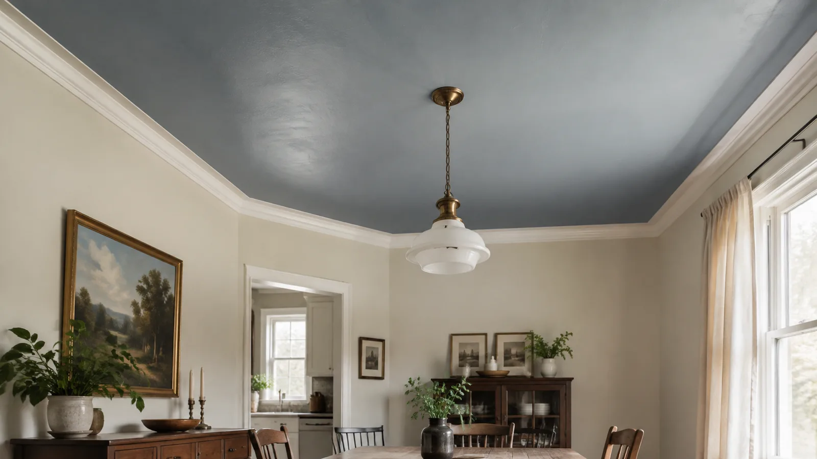 AI-generated illustration: Upward angled view of a muted dusty-blue painted ceiling, cream walls, simple white crown molding and a small vintage brass pendant in an everyday dining room.