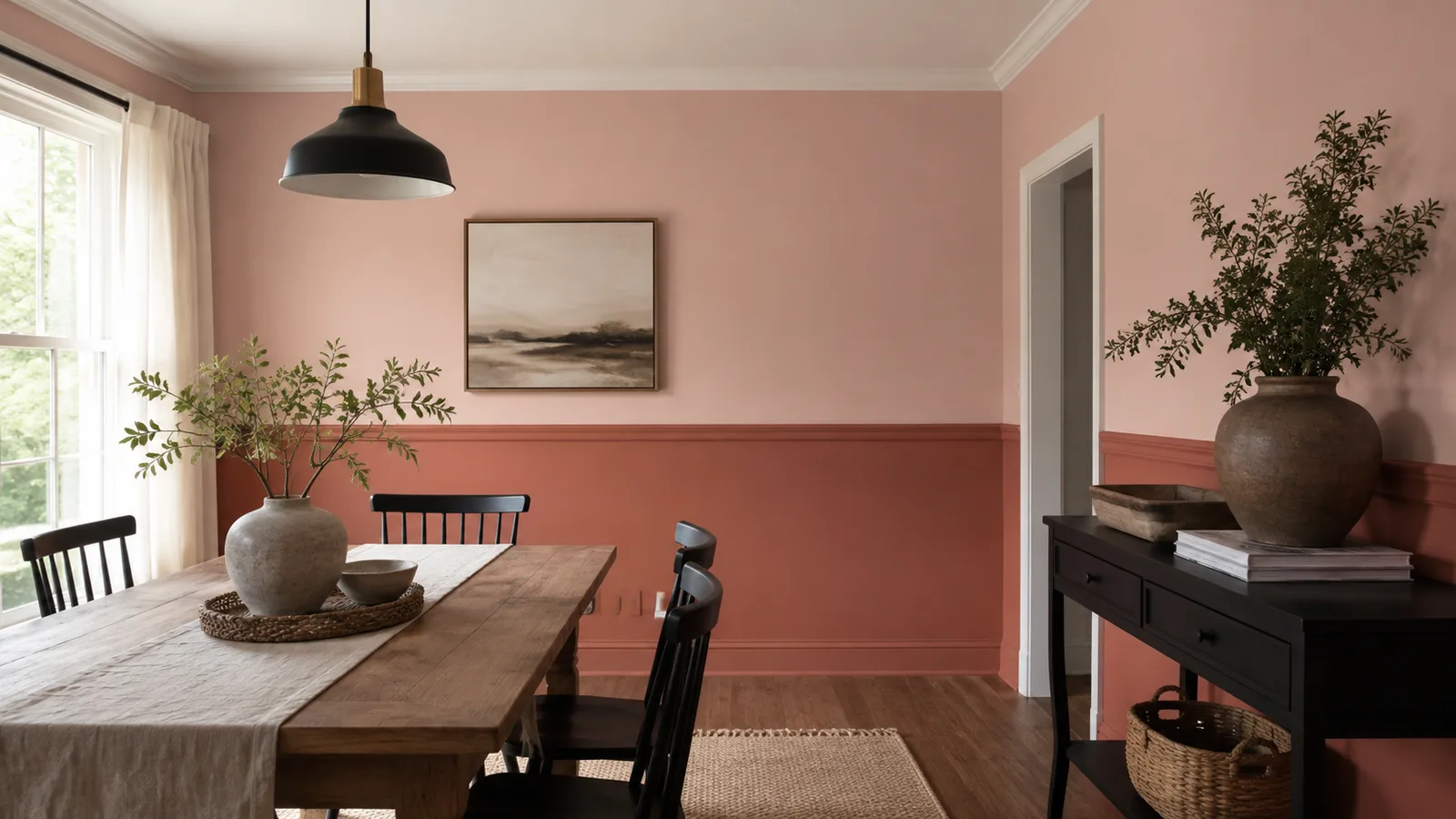 AI-generated illustration: Dining room with muted terracotta lower wall and pale pink upper wall, a deliberate horizontal boundary at chair rail height.