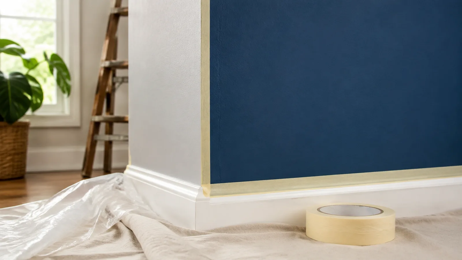 AI-generated illustration: A crisp blue accent-wall corner being prepared with a strip of generic masking tape, tape roll and plastic shield on canvas below.