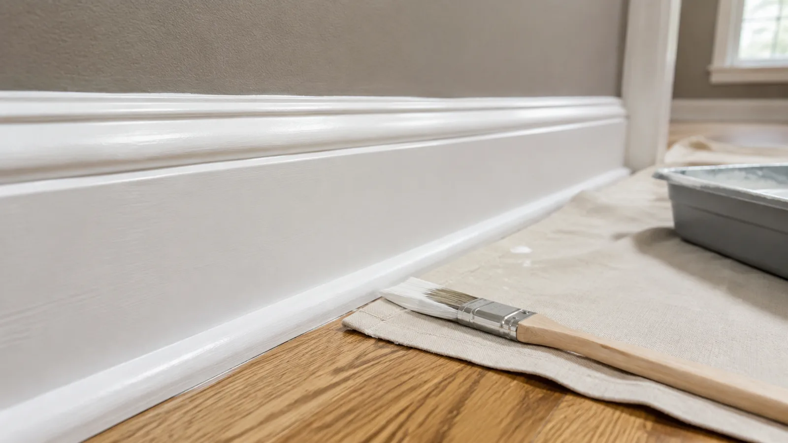 AI-generated illustration: Low-level close-up of a freshly painted white baseboard meeting warm gray wall and protected oak floor, slim angled brush nearby.