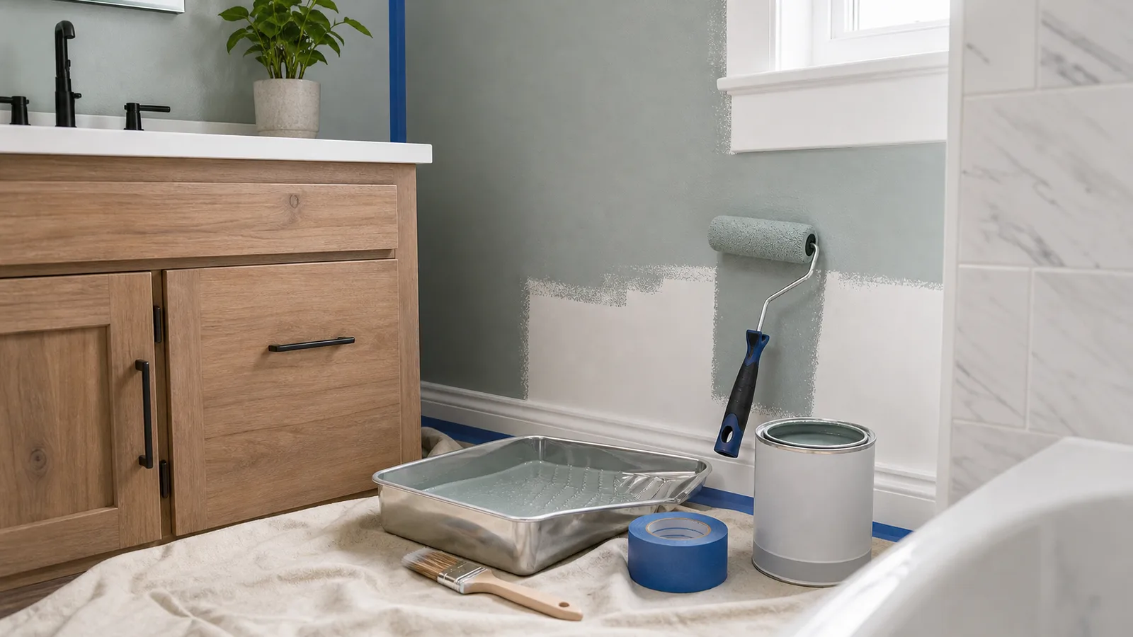 Bathroom wall painting setup with angled brush, mini roller, tape, and moisture-resistant paint