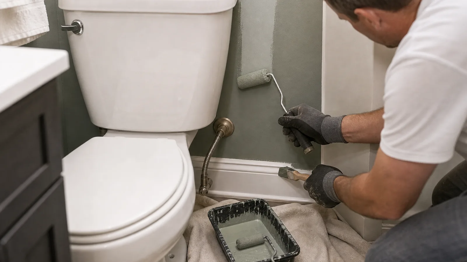 Compact angled brush reaching behind a toilet tank on a bathroom wall