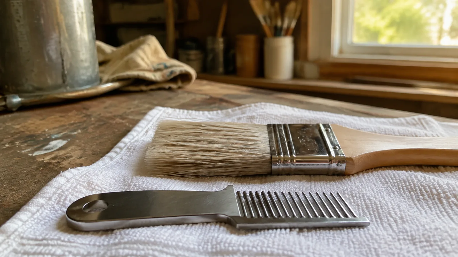 AI-generated illustration: An unbranded metal brush comb and washed paintbrush drying horizontally on a workshop towel, clear bristles, no hands or logos.